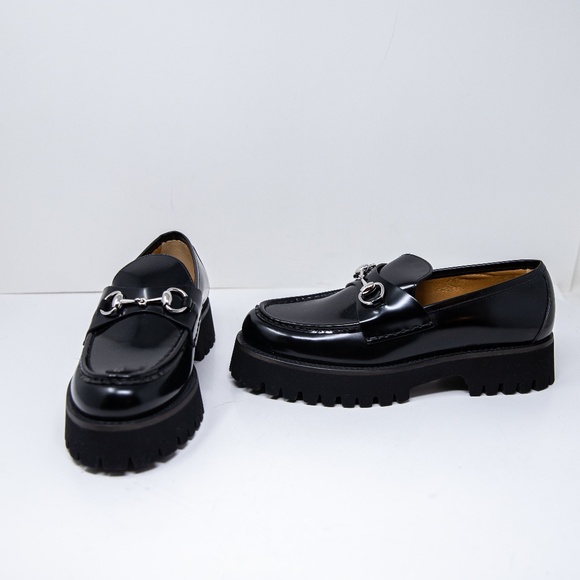 NEW Gucci Genuine Leather Rubber Lug Sole Interlocking Horsebit Loafers Shoes - Picture 1 of 4
